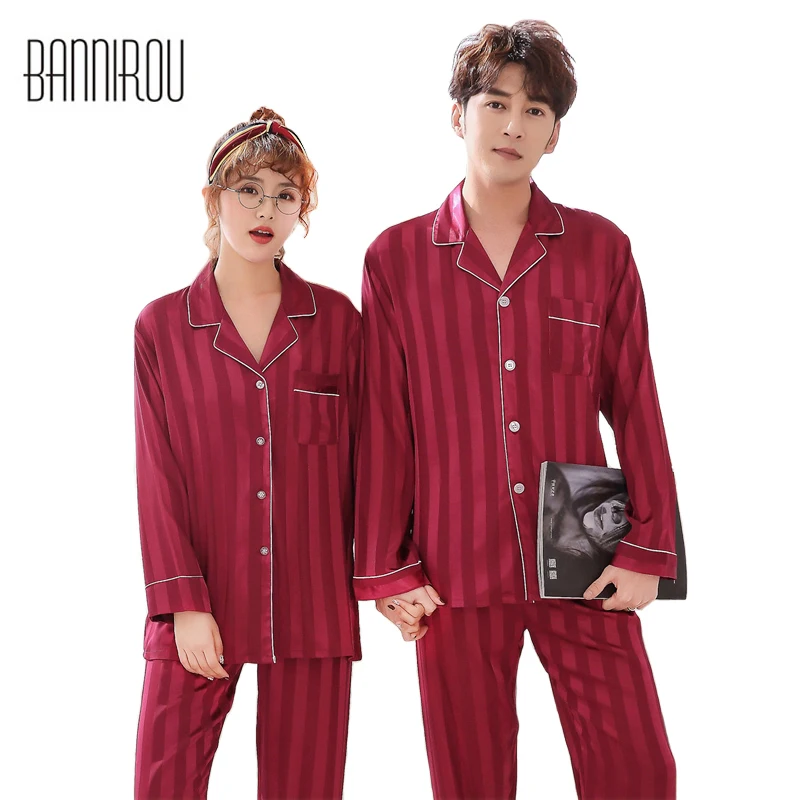 BANNIROU/парные одинаковые пижамные комплекты, шелковые атласы, шифоновые, в полоску, полностью тонкие, с отворотом, домашняя одежда для влюбленных мужчин и женщин