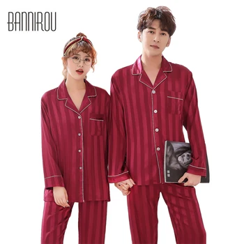 

BANNIROU Couple Matching Pajamas Sets Silks Satins Chiffon Striped Full Thin Lapel His-and-her Home Wear For Lovers Man Woman