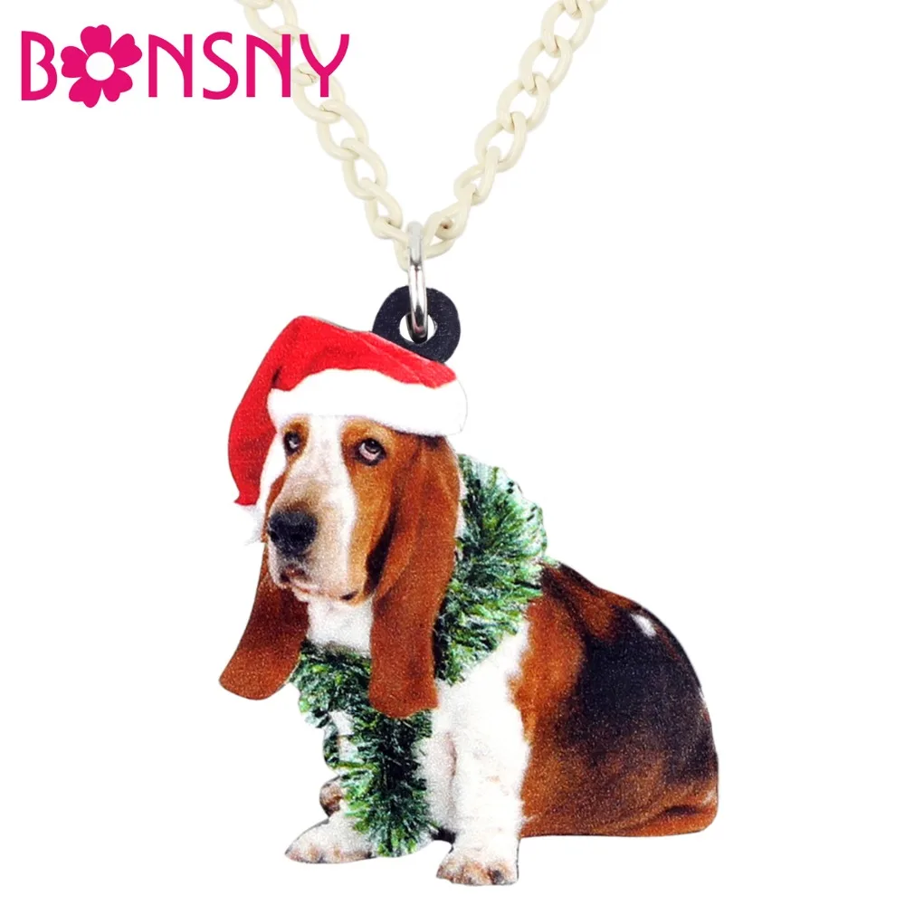 

Bonsny Acrylic Sweet Christmas Basset Hound Dog Necklace Pendant Collar Pet Animal Jewelry For Women Girls Teens Gift Accessory