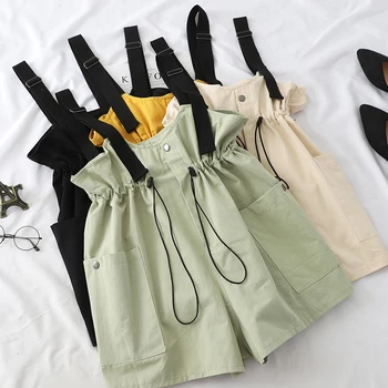 

summer new women shorts solid ruffles high waist overalls loose wide leg casual pockets female casual shorts top quality