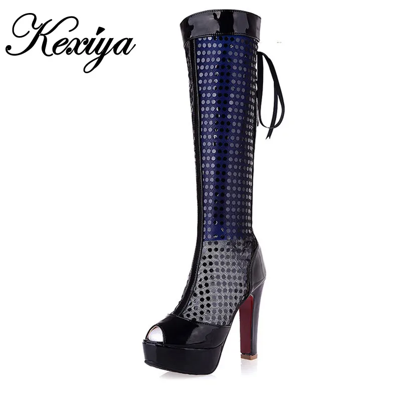 

Fashion Big Size 32~44 women summer Boots PU leather + Mesh Peep Toe Platform high heel shoes Glitter decoration Knee-High boots