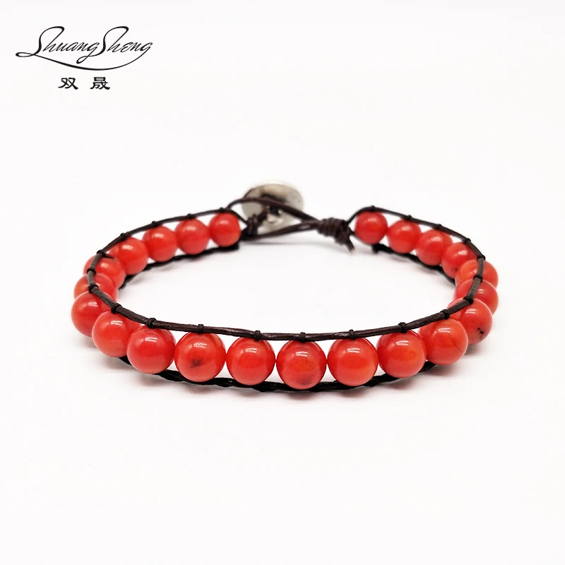

Fashion Coral Stone Natural Bracelet Fashion Leather hand-woven Bracelet Wrap Coral Jewelry for women free shipping