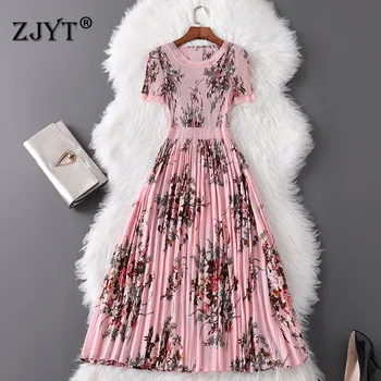 

2019 Elegant Summer Designer Dress Women Fashion vestidos de verano Short Sleeve Floral Print Plus Size Pink Pleated Dresses