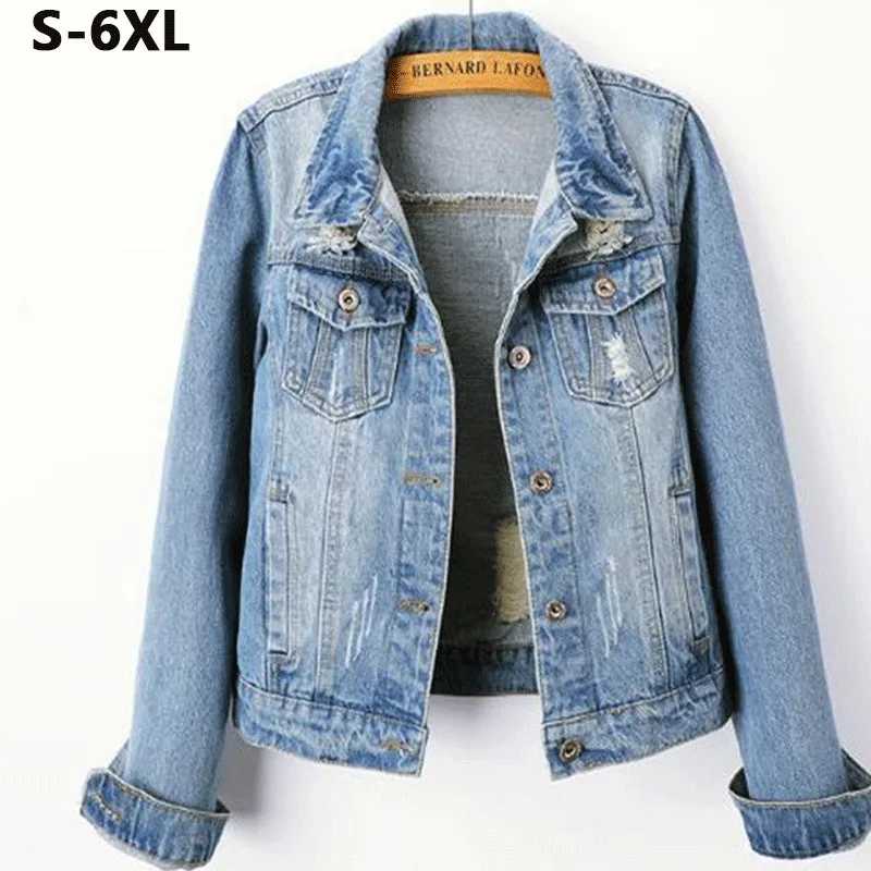 

2019 Plus Size 5XL 6XL autumn Denim Jacket Women Short Jeans Jacket Coats Light Washed Slim Outwear jacket casaco feminino h149