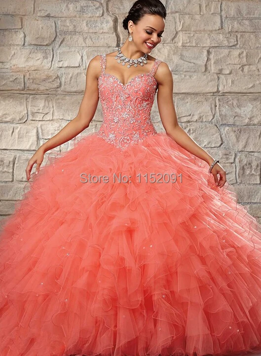 2016 Elegant Coral Color Quinceanera Dresses For 15 Year Ball Gowns