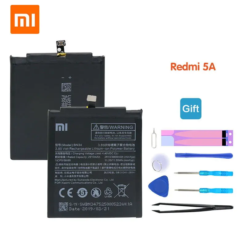

100% Original Xiao Mi Phone Battery for Xiaomi Redmi 5A 5.0" 3000mAh BN34 High Quality With Free Tools