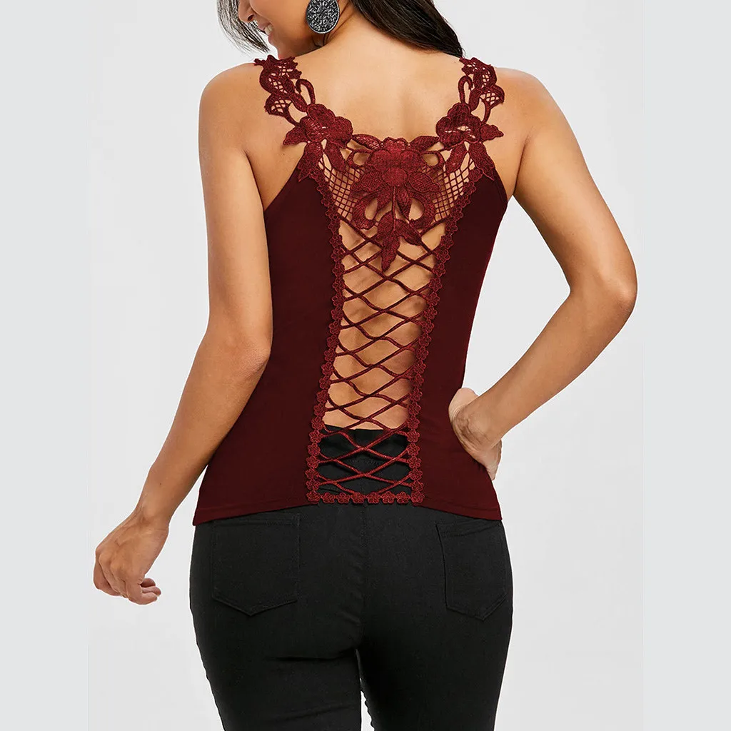 Summer Fashion Lace Splice Backless Blouse Hollow Out Ladies Top Female Women Sleeveless Shirt Blouse Femininas Women Tank Top