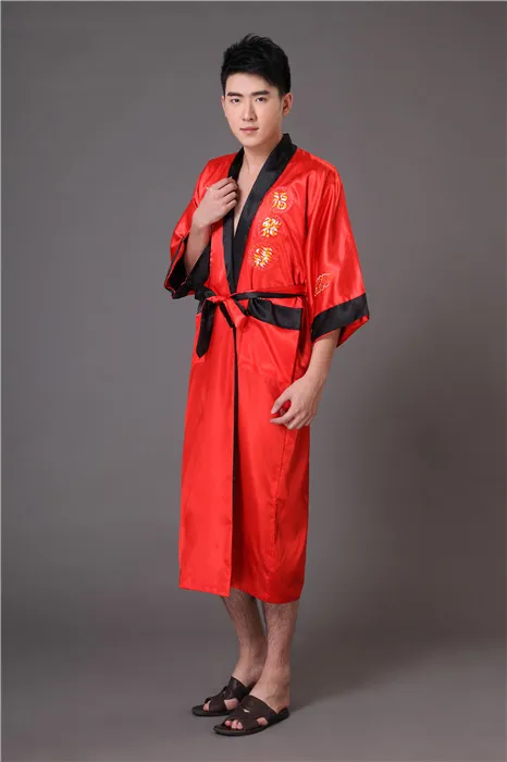 Реверсивный черный, красный китайский Для мужчин Атласный халат традиции Вышивка Дракон пижамы кимоно Ванна платье Размеры s m l xl XXL, XXXL MP073