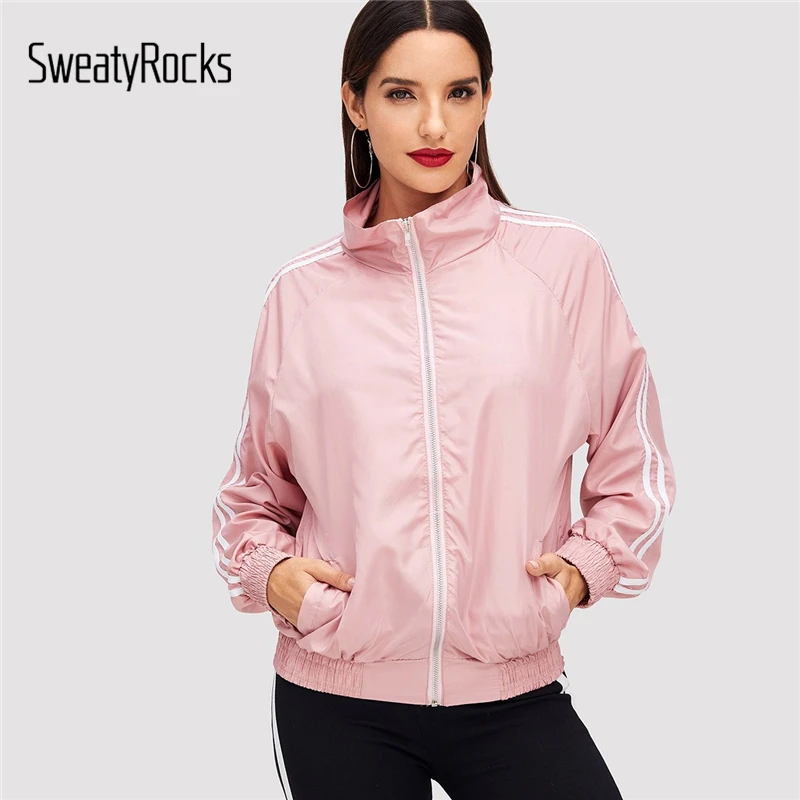 

SweatyRocks Pink Stripe Contrast High Neck Zip Up Jacket Long Sleeve Workout Coats 2018 Autumn Active Wear Women Casual Jacket