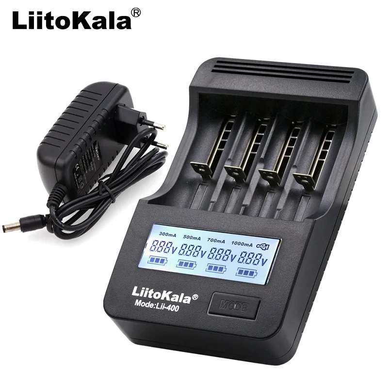 Умное устройство для зарядки никель-металлогидридных аккумуляторов от компании Liitokala: Lii-PD4 500 400 300 S1 никель-металл-гидридного Батарея Зарядное устройство, 3,7 V 18650 18350 18500 17500 10440 26650 1,2 V AA/AAA зарядное напряжение на выходе 5 в ЖК-дисплей Зарядное устройство - Цвет: Lii-400 and adapter
