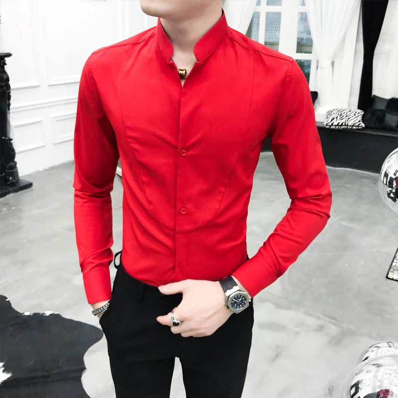 Goede Sexy Unieke Stand Kraag Shirt Zwart Rood Wit Slim Fit Lange Mouw Camisa Sociale Masculina Mannen Jurk Designer Shirt