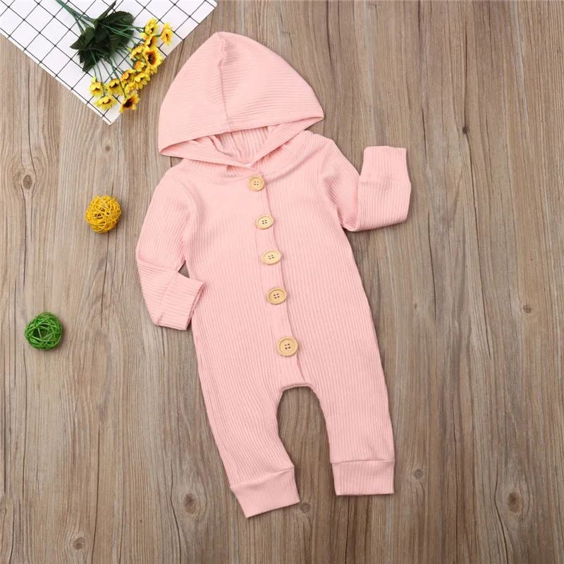 Вязаный хлопковый комбинезон с длинными рукавами для новорожденных девочек и мальчиков, осенне-зимняя теплая однотонная одежда с капюшоном Милая одежда на возраст от 0 до 18 месяцев