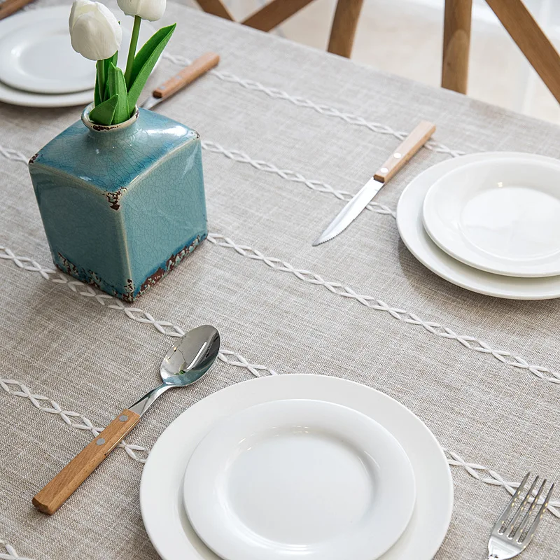  ROMANZO Thick Yarn-Dyed Linen Fabric Blue Gray Strip Tassel Tablecloth Hotel Christmas Decoration C