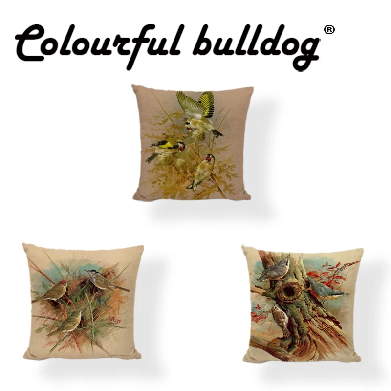 Retro Bird Cushion Cover Sparrow Trunk 43*43cm Square Leaves Trees Holes Decorate Living Room Outdoor Yard Throw Pillow Case | Дом и сад