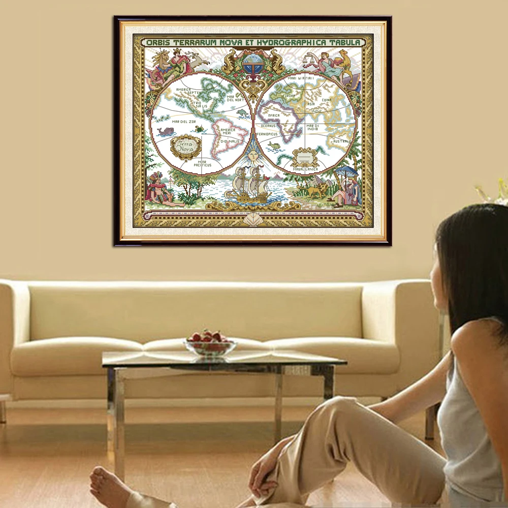 

oneroom 14CT 11CT Counted and Stamped Old World Map Cross Stitch Kits For Home Decoration F905
