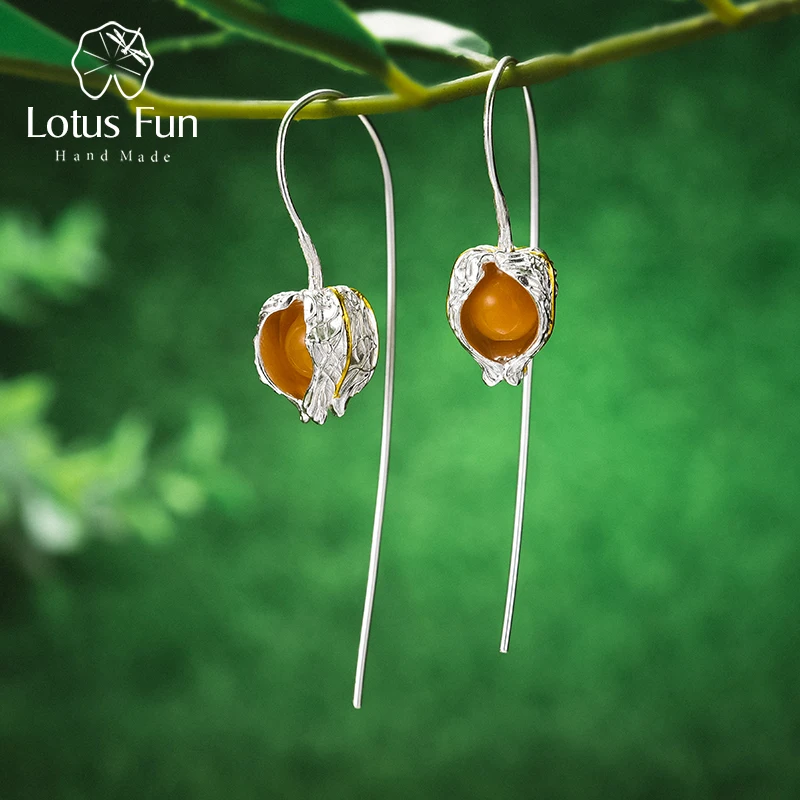 Женские серьги подвески Физалис Lotus Fun изящные из серебра 925 пробы с натуральным камнем|Серьги-подвески| |
