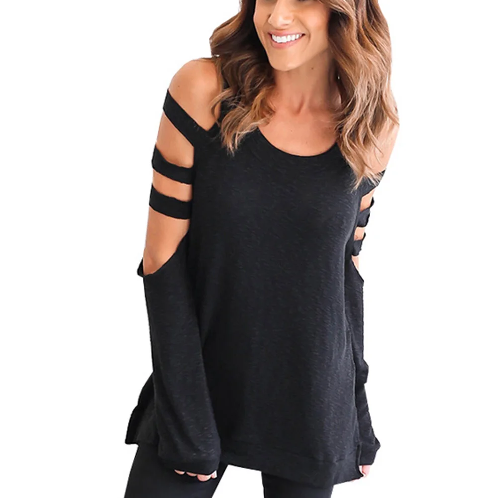 Plus Large Size Women Shirts Sexy Holes Long Sleeve Tops Tee Solid O