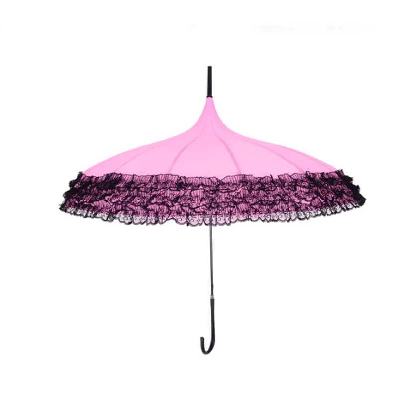 Розовый ложки с длинной ручкой, крюк для дождливой погоды Шестерни леди платье принцессы кружева пагода зонты для прямая планка Полу Автоматический зонт зонтик Для женщин Z539