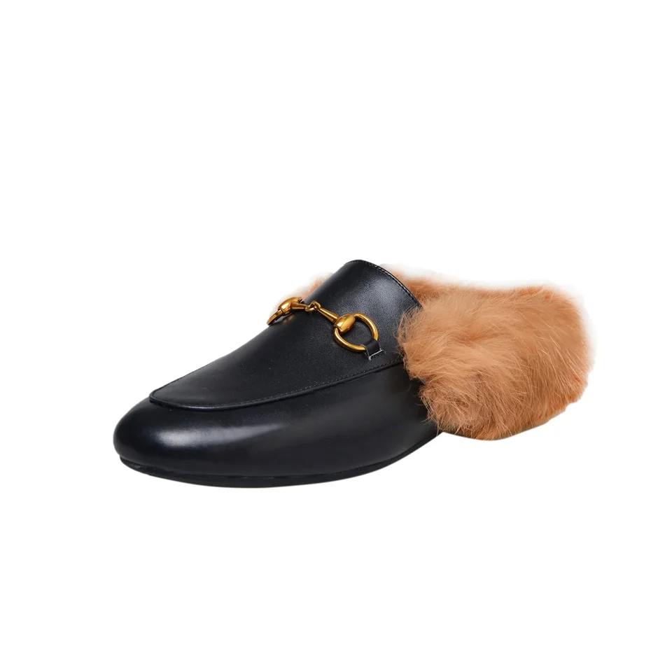 

Women Winter Chains Mules Slip On Slides Real Cow Leather Real Fluffy Real Fur Loafer Women Slippers