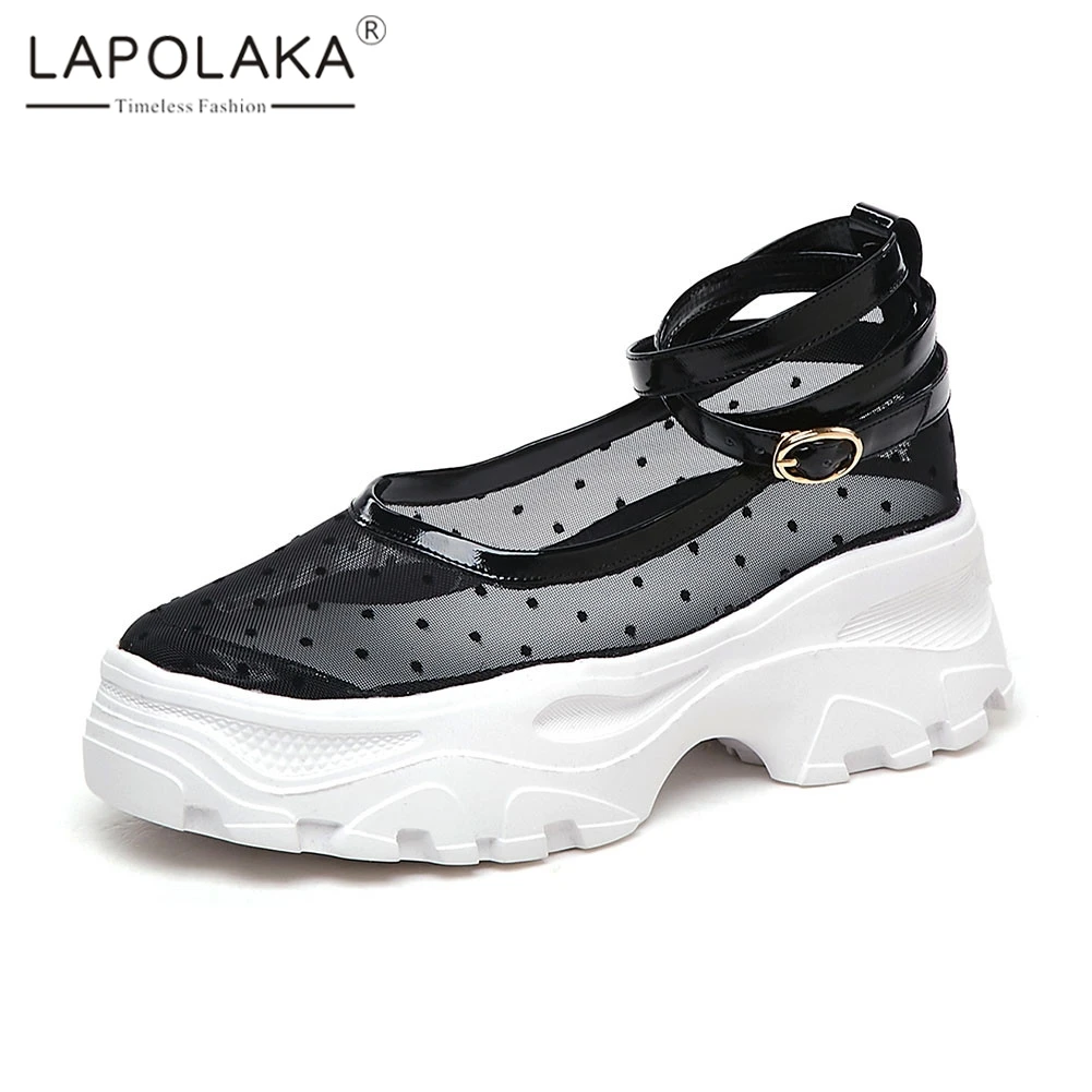 

Lapolaka Brand New women's Patent Genuine Leather Mesh Ladies Polka Dot Shoes Woman Casual Party Summer Autumn Flats 2019