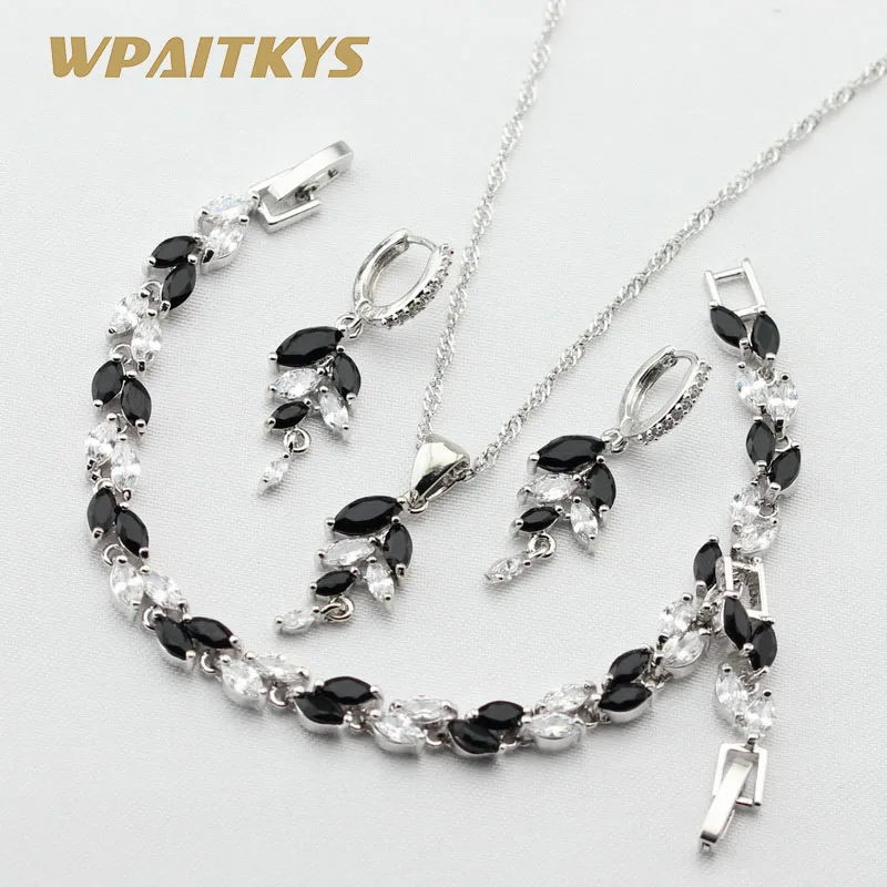 Черный белый кубический цирконий 925 Серебряные Ювелирные наборы для женщин завод ожерелье кулон серьги браслет подарочная коробка WPAITKYS - Окраска металла: 3PCS
