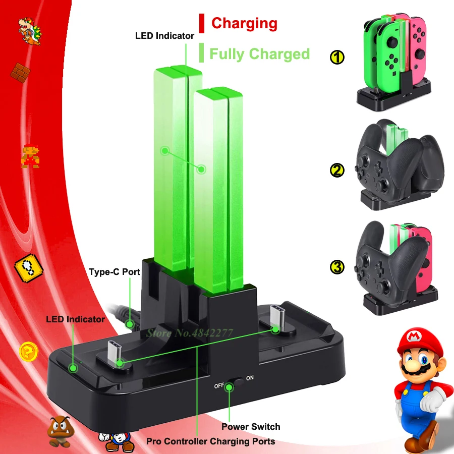 

4 Joy-con Charger + 2 Pro Controller Charging Dock Station Nintend Switch LED Stand Nintendos Accessories Nintendoswitch Game