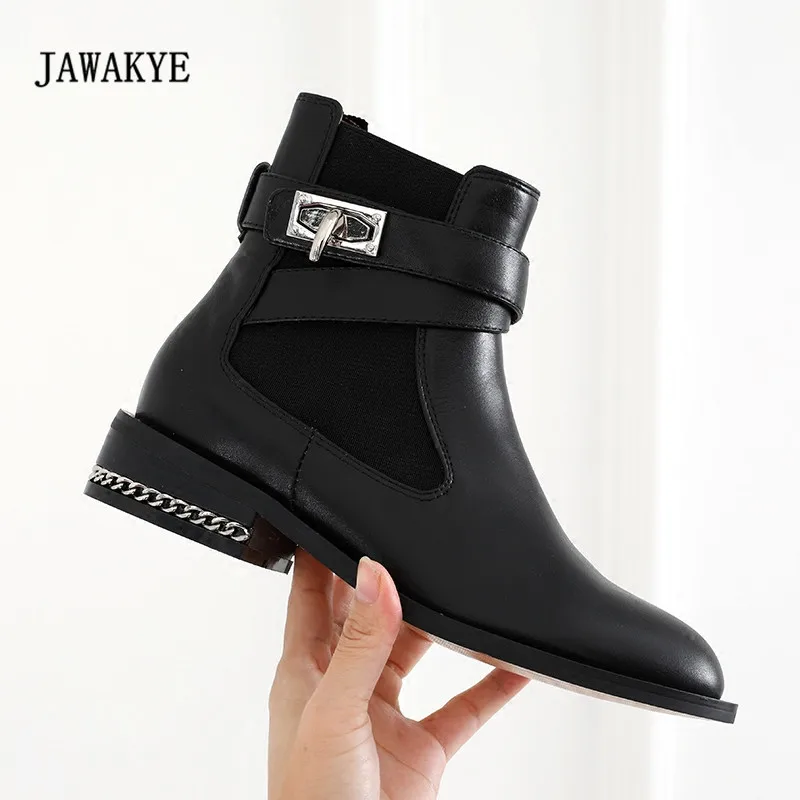 

2017 Newest Shark Lock Chelsea Boots Woman Round Toe Black Real Leather Martin Boots Women Fashion Silver Chain Ankle Boots