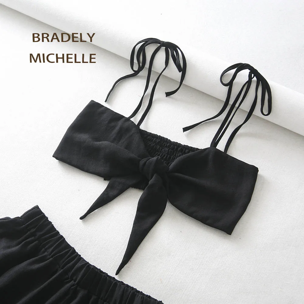 BRADELY MICHELLE, Модный женский комплект из двух предметов, топ и штаны, летняя одежда, укороченный Топ без бретелек и повседневные шорты с оборками
