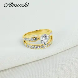 AINUOSHI 10 К твердое желтое золото обручальное кольцо 2 ряда бриллиант Имитация Ювелирные изделия с бриллиантами 1 карат Груша Cut NSCD женские