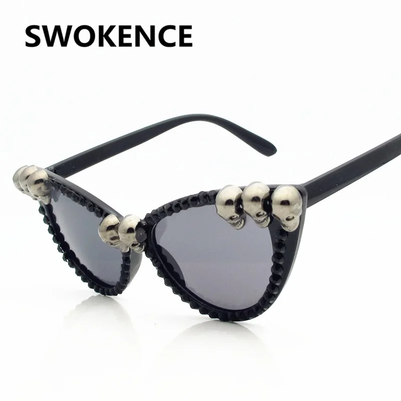 

SWOKENCE Skull Frame Cat Eye Sunglasses Men Women Cool Black Rhinestone Sun Shades Halloween Party Ball Hip Hop UV400 CE SB58