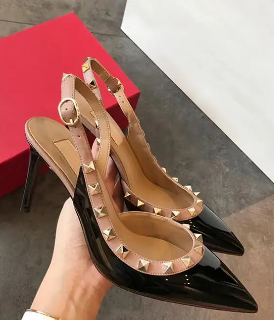 

Spring 2019 Nude Black Rivet One-word Button 10cm High-heeled Shoes Tip Fine-heeled Single Shoes Genuine Leather Sandals