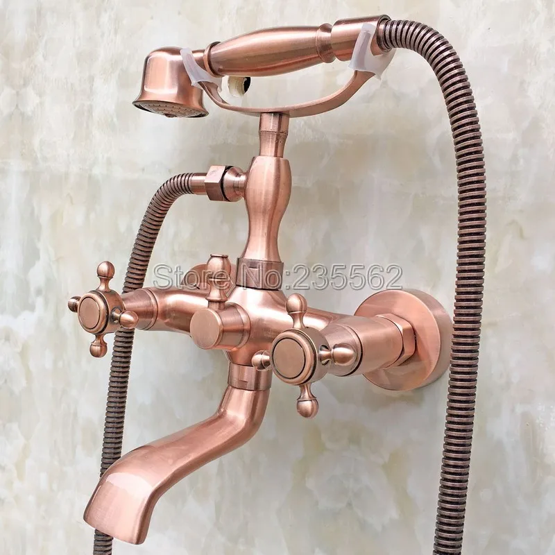 Antique Red Copper Bathroom Shower Faucet Dual Cross Handle Clawfoot
