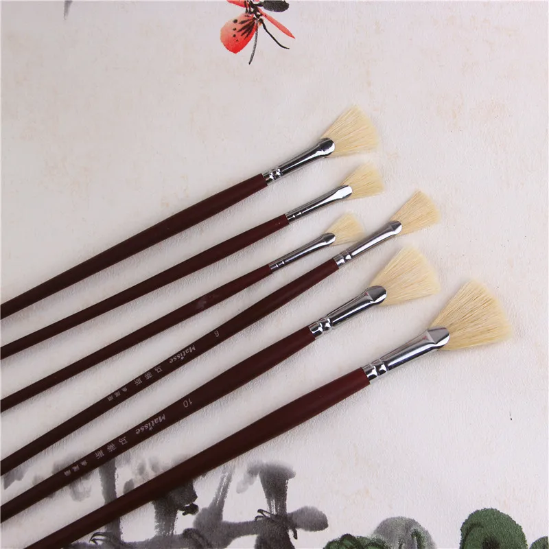 6pcs fish tail fan shape pig Bristle pen oil gouache painting brush set Art tool 