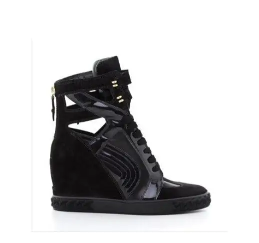 

Hot Selling High Top Wedges Women Black Cut Outs Shoes Round Toe Back Zipper Shoes Fashion Short Boots Outdoor Shoes Plus Size10