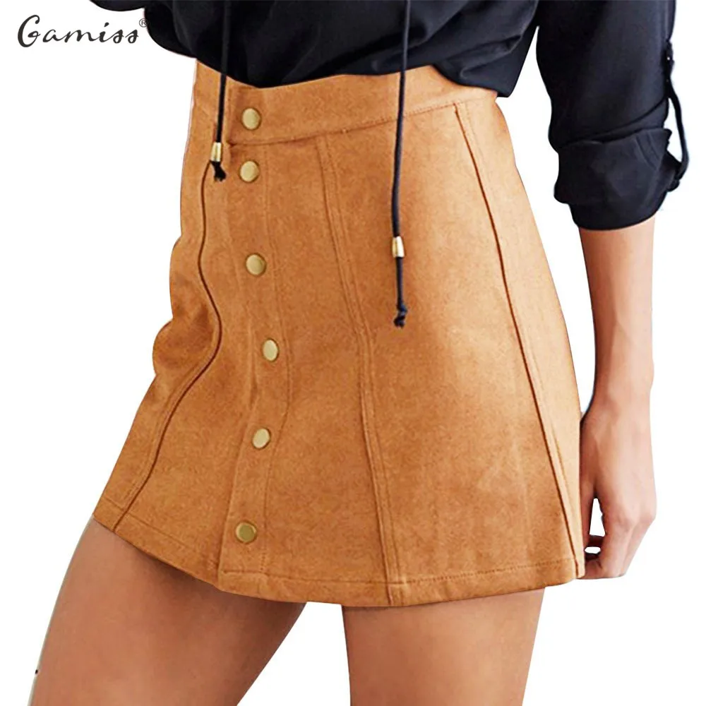 Gamiss Autumn Leather Suede A line Skirts High Waist Button Mini Women ...