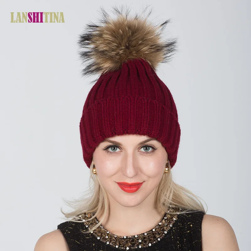 Fashion Women's Beanies Hats Winter Warm Knitted Genuine Raccoon Dog