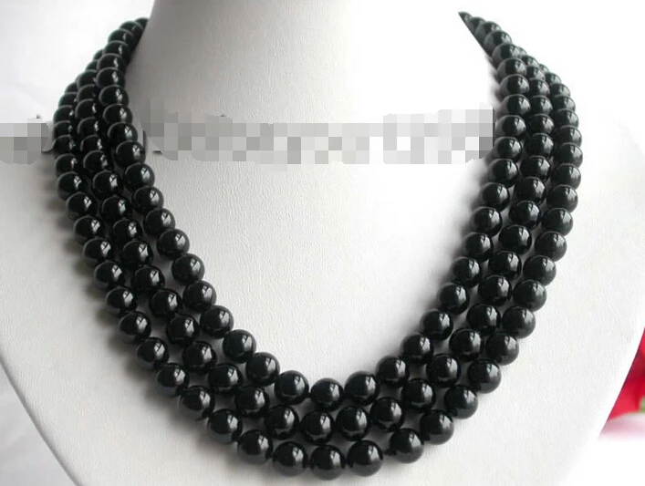 

FREE shipping>>>>21" 3rows Natural 8mm Round Black Agate Necklace Cameo! S