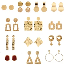 Винтаж серьги большого размера для Для женщин заявление серьги геометрической формы Золотой Цвет металлические подвесные серьги тренд Модные украшения