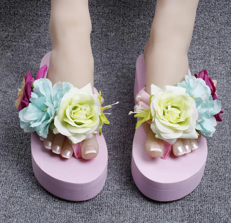 2019 New Flowers Beach Handmade Flip Flops Slippers Online Fashion High Heel Sandals Pink Shoes Womens53