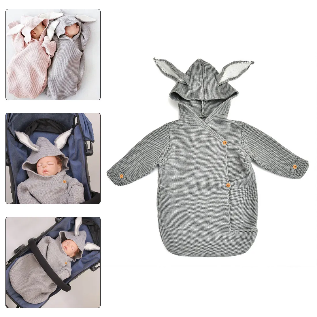 Модное одеяло с капюшоном для новорожденных, спальный комплект для младенца с мультяшными кроличьими ушками, мягкая однотонная накидка