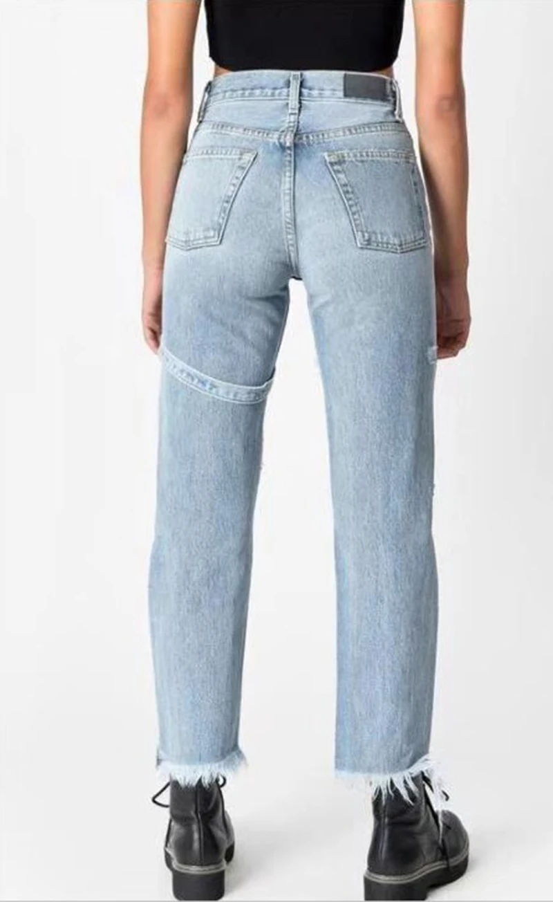 Свободные fit для женщин женские джинсовые брюки промывают джинсы для стрейч середины талии прямые рваные выдалбливают high street femme