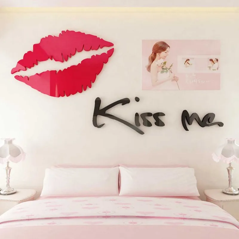 

5 Size Multi-Pieces Kiss Me Red Lip for Girl 3D Acrylic Decoration Wall Sticker DIY Wall Poster Home Decor Bedroom Wallstick