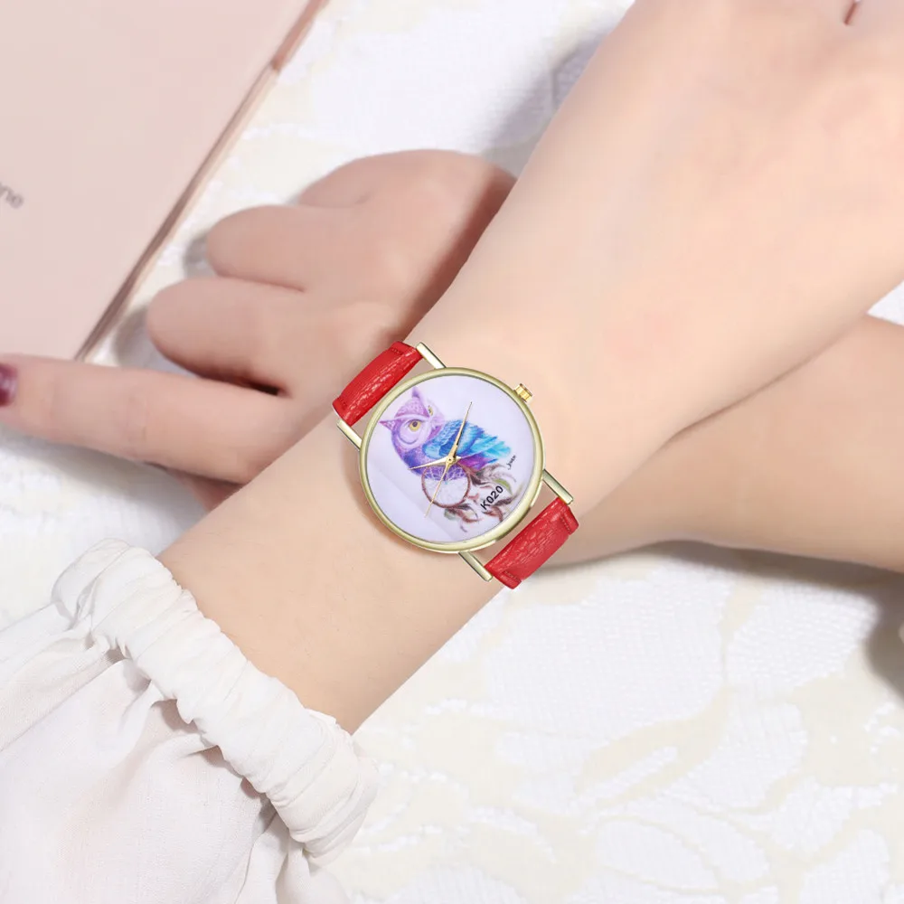 Multi-colored strap owl pattern dial Stylish PU Leather Strap Analog Quartz Watch For Fashion Women