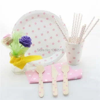 

Wholesale Price 100sets/716pcs Baby Pink Party Tableware Set , Polka Dot 6 Colors Straws Plates Cups Napkins Wooden Cutlery