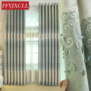 

High Quality Pastoral Green Leaves Embroidered Blackout Curtains for Living Room Curtains Tulle Fabric kitchen