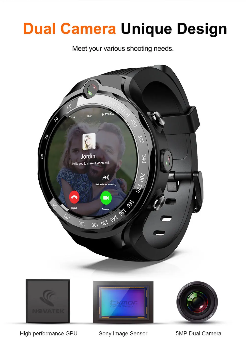 LOKMAT Lok02 4G Смарт-часы для мужчин Android 7,1 MTK6739 1 Гб+ 16 Гб 400*400 AMOLED экран 5 Мп+ 5 Мп двойная камера gps умные часы для ios