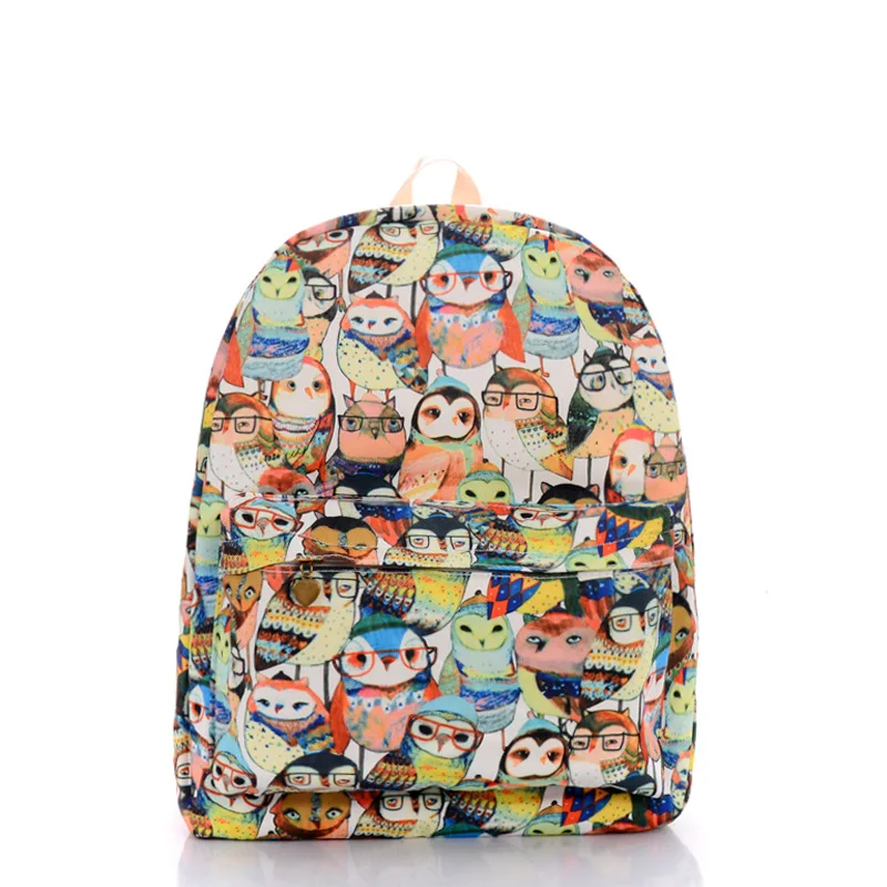 

2016 new fashion cute owl print backpack pattern canvas printing backpacks female double computer bag school travel bags girl