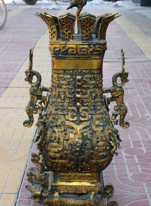 

24" Rare China Dynasty Bronze Gilt Stand Crane Dragon Beast Statue Jar Vase Pot