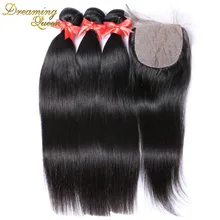 7A Malaysian Virgin Hair Silk Base Closure With Bundles 4Pc Lot Unprocessed Straight Human Hair 3