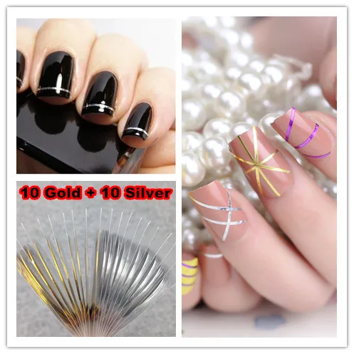 10pcs Gold Color + Silver Striping Tape Metallic Yarn Line Nail Art Decoration Sticker | Красота и здоровье